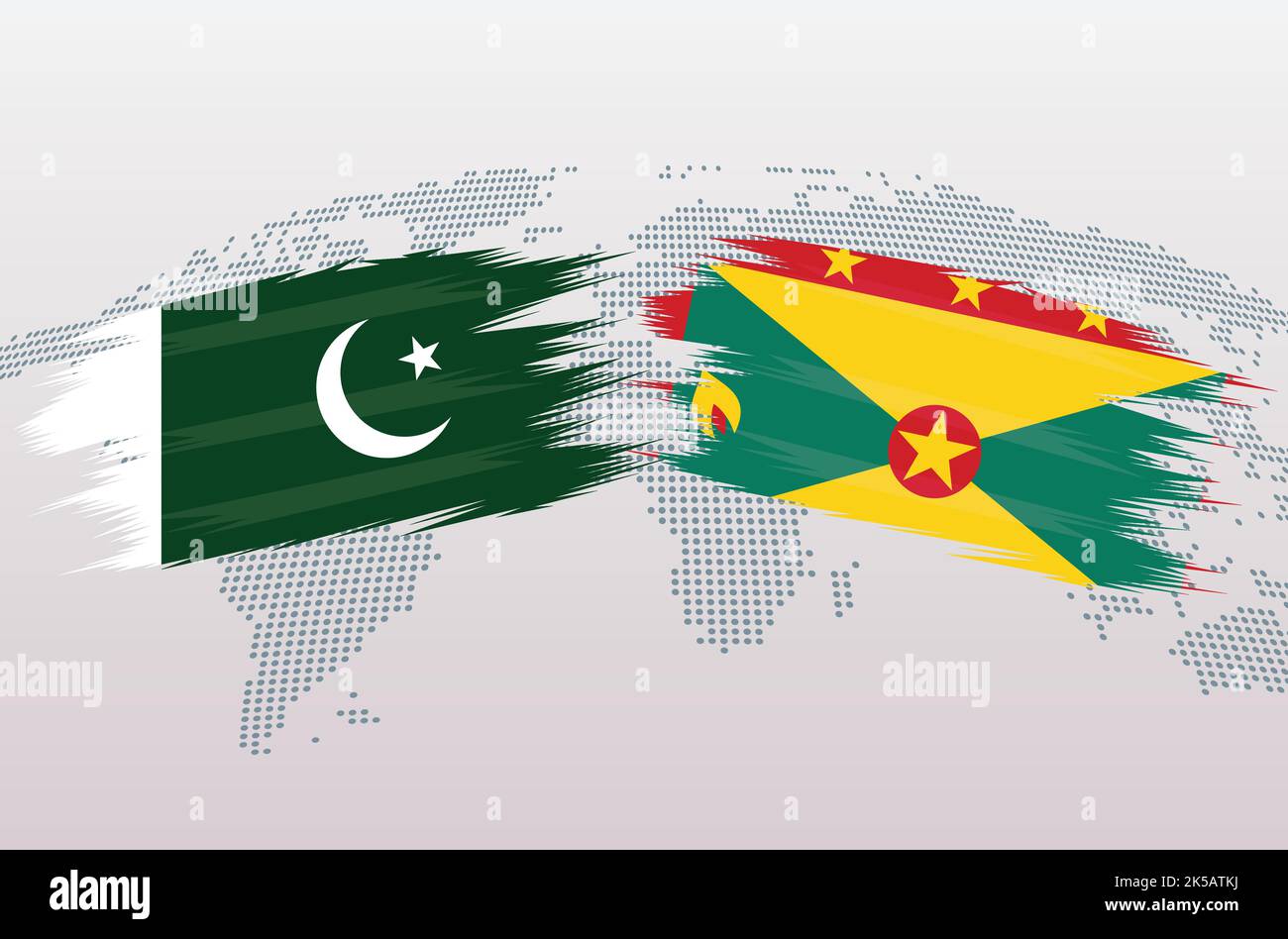 Pakistan VS Grenada flags. Islamic Republic of Pakistan VS Grenada flags, isolated on grey world map background. Vector illustration. Stock Vector