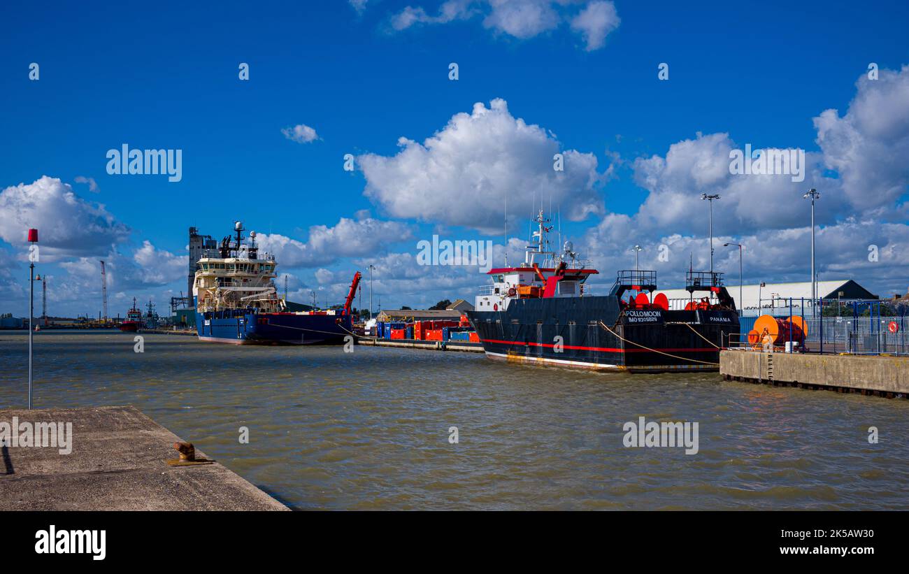 Lowestoft Inner harbour in the North Sea town of Lowestoft UK. The original Inner Harbour was constructed in 1831. Owned by Associated British Ports. Stock Photo
