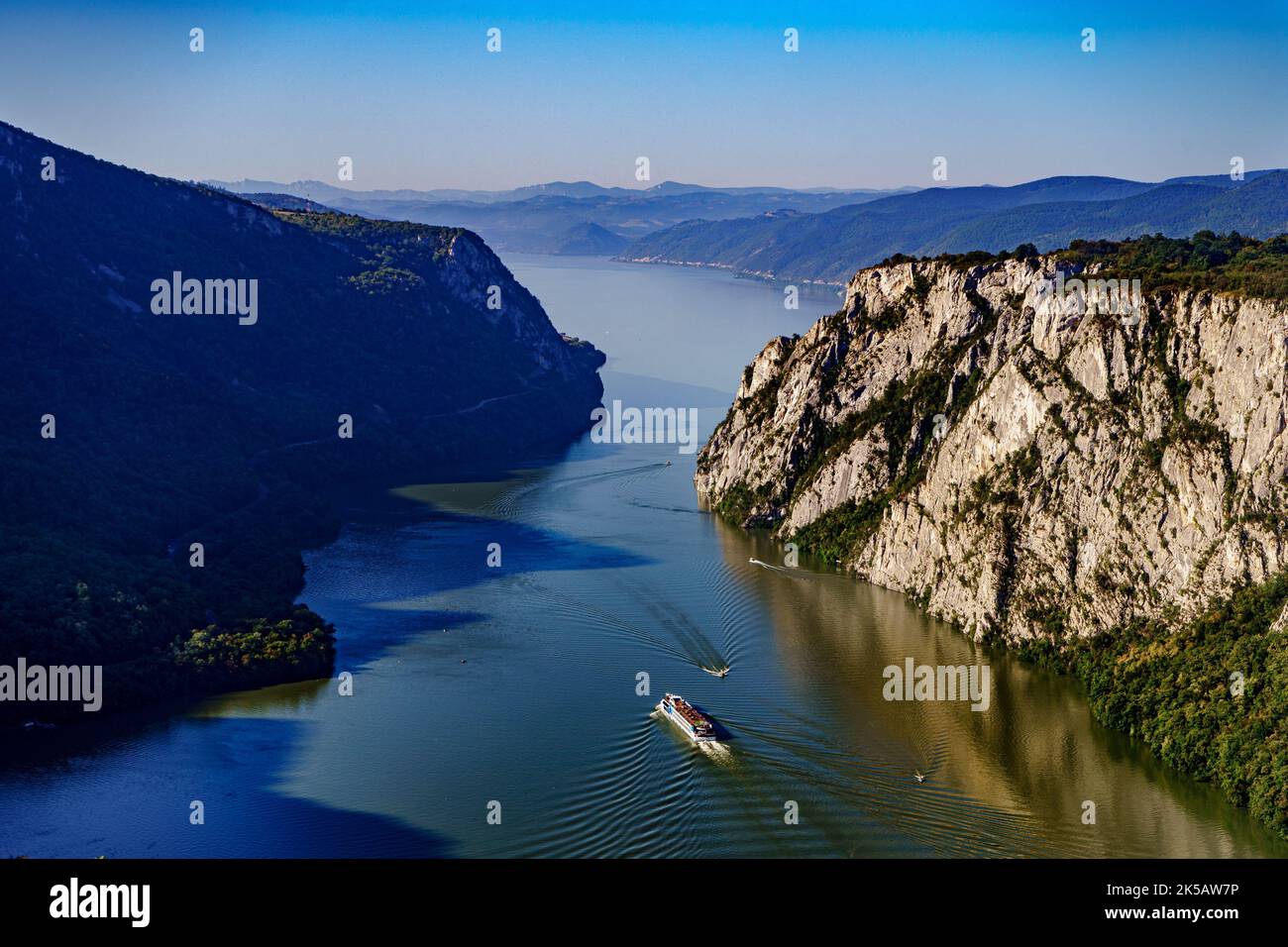 An aerial view of boat in Iron Gates on the river Danube in