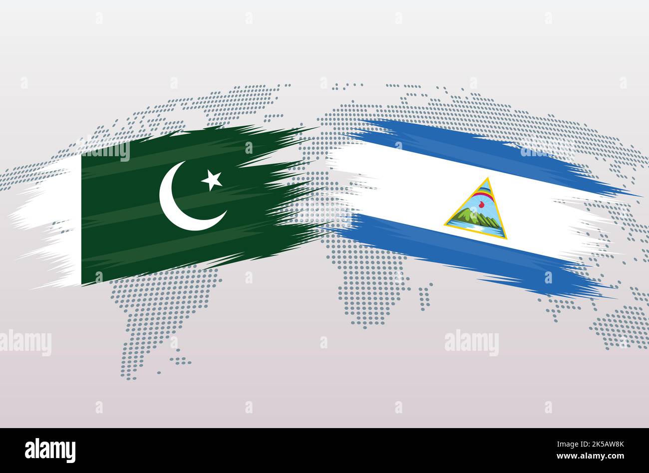 Pakistan VS Nicaragua flags. Islamic Republic of Pakistan VS Nicaragua flags, isolated on grey world map background. Vector illustration. Stock Vector