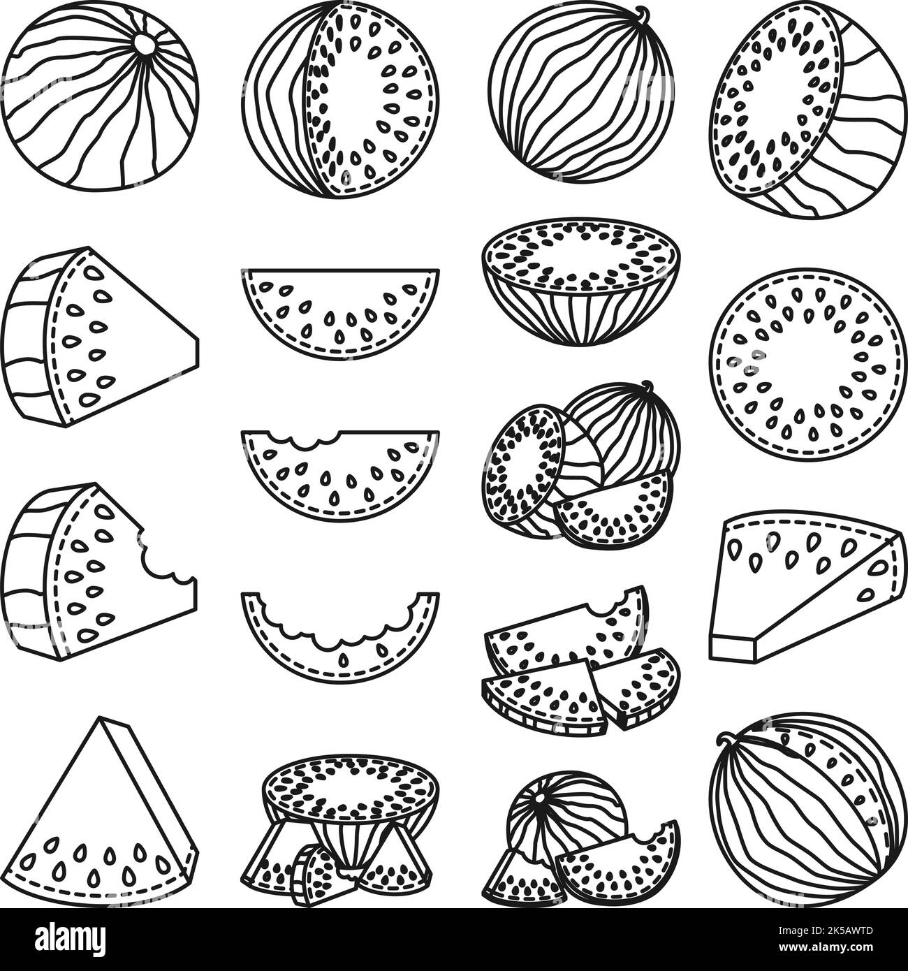 Line art collection of 18 elements Ripe watermelons Healthy vegan food ...
