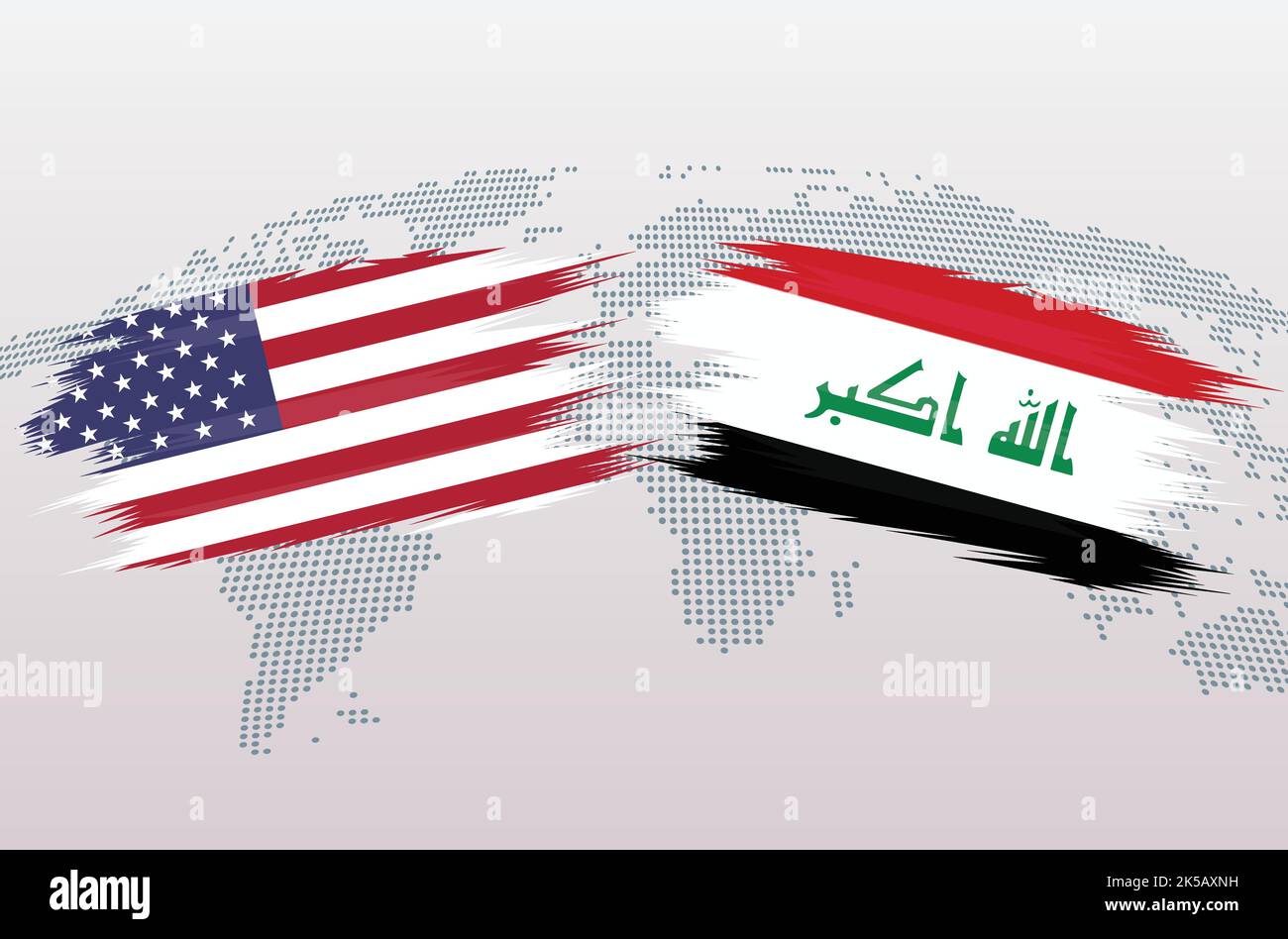 USA VS Iraq flags. The United States of America VS Iraq flags, isolated on grey world map background. Vector illustration. Stock Vector
