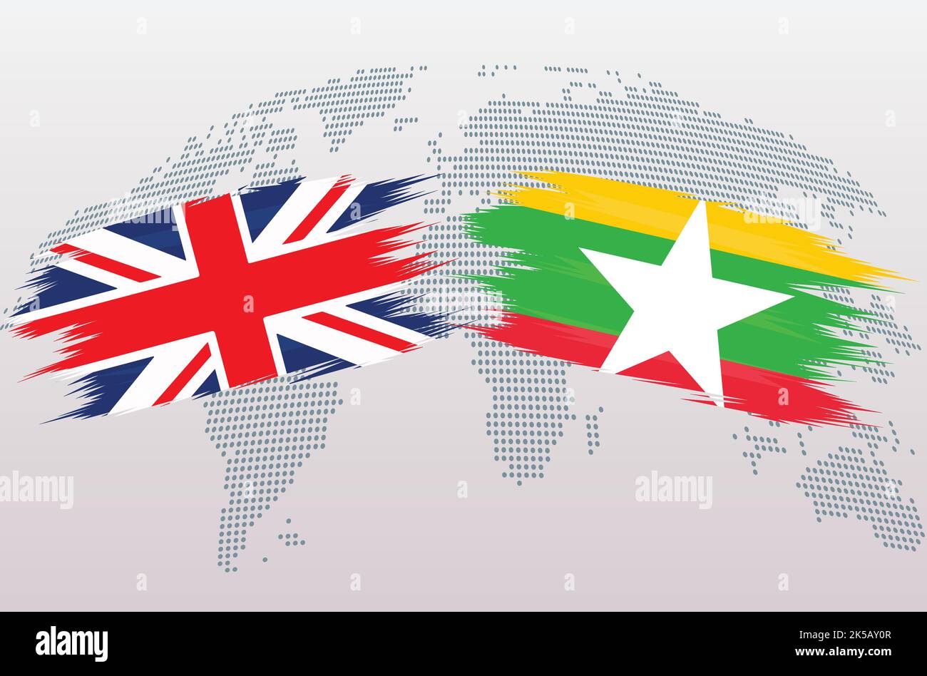 UK Great Britain and Myanmar Burma flags. The United Kingdom Myanmar Burma flags, isolated on grey world map background. Vector illustration. Stock Vector