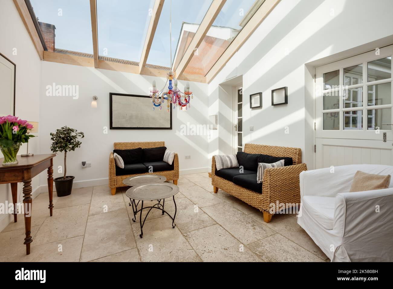 Contemporary furnished modern living room with vaulted glass ceiling
