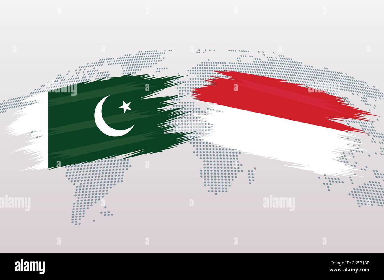Pakistan VS Indonesia flags. Islamic Republic of Pakistan VS Indonesian flags, isolated on grey world map background. Vector illustration. Stock Vector