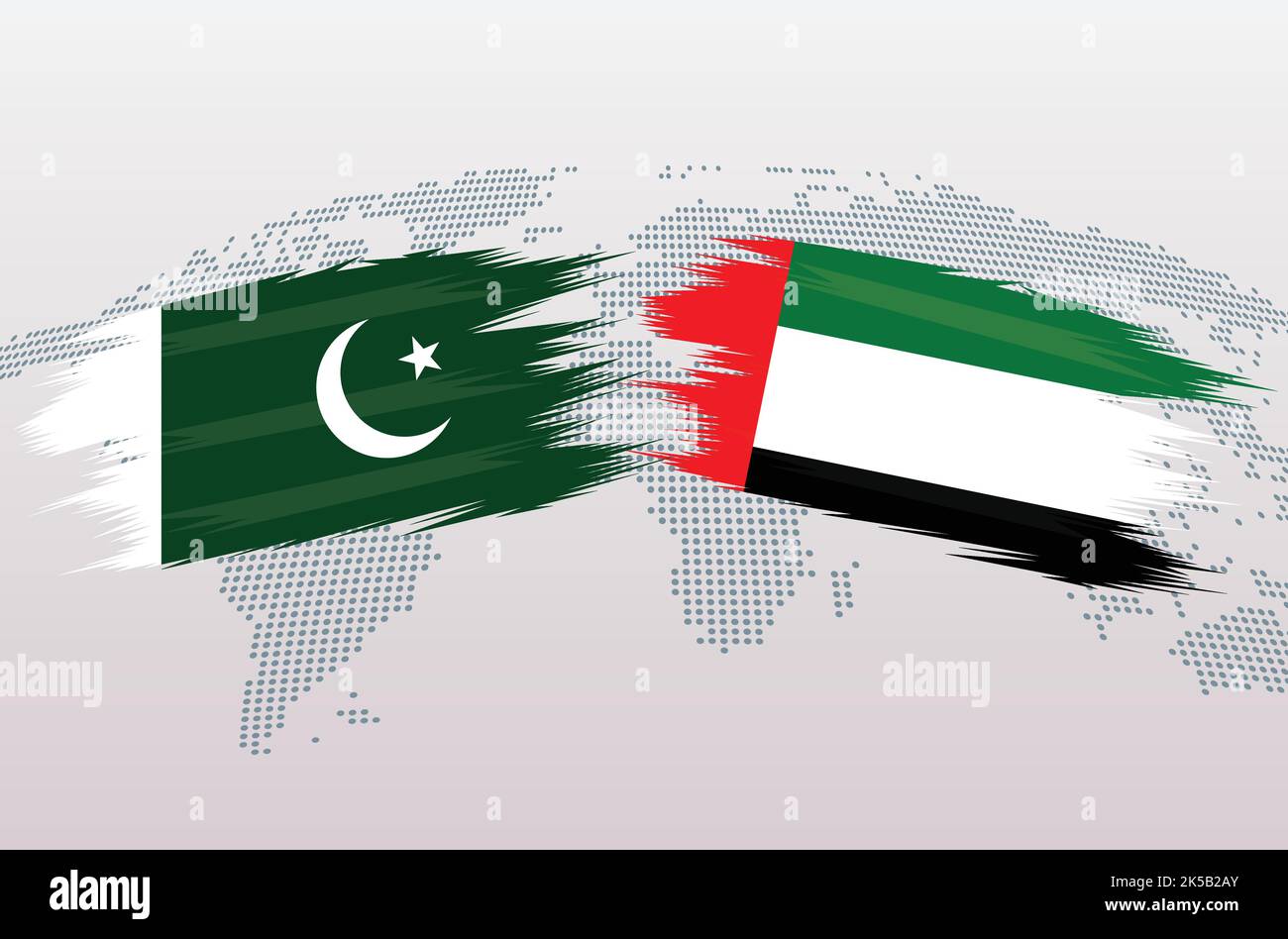 Pakistan VS UAE flags. Islamic Republic of Pakistan VS United Arab Emirates flags, isolated on grey world map background. Vector illustration. Stock Vector