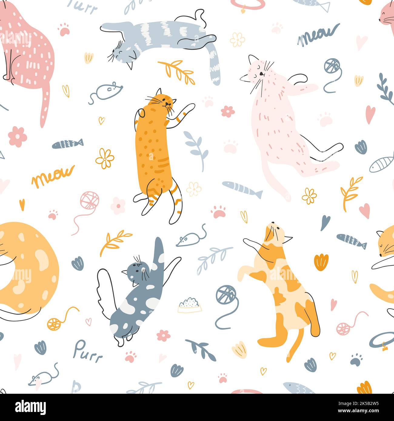 Seamless pattern with cute colorful cats. Hand drawn vector ...