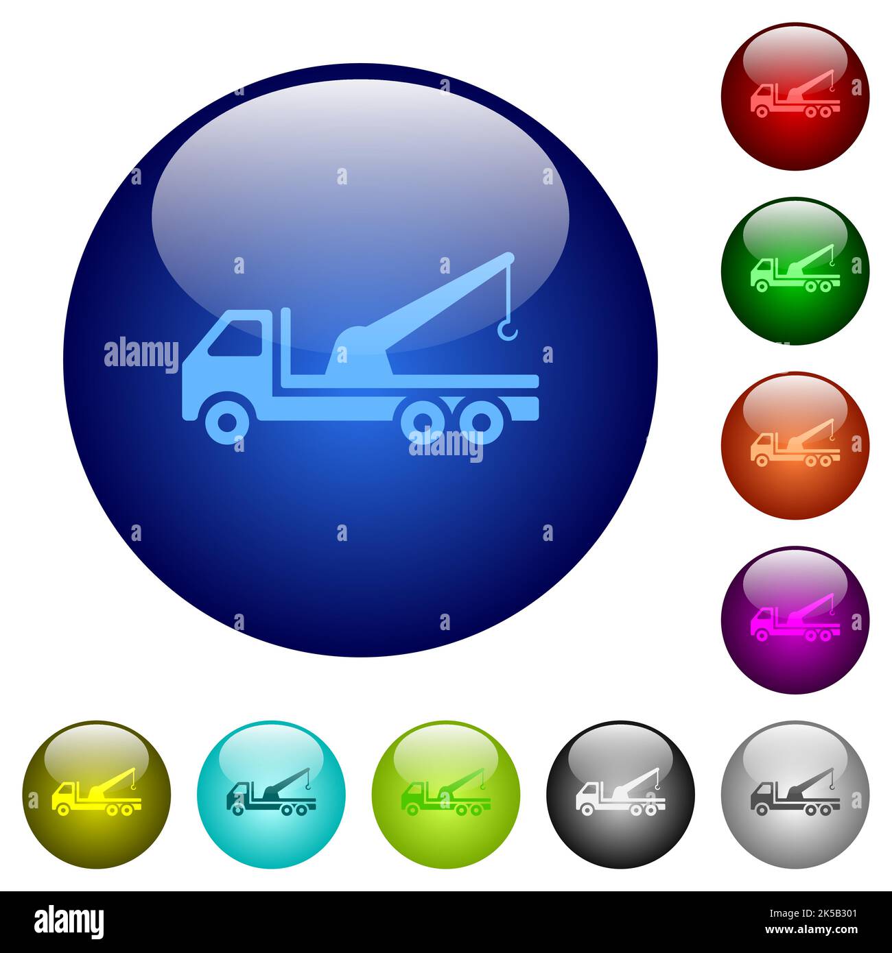 Crane truck icons on round glass buttons in multiple colors. Arranged layer structure Stock Vector