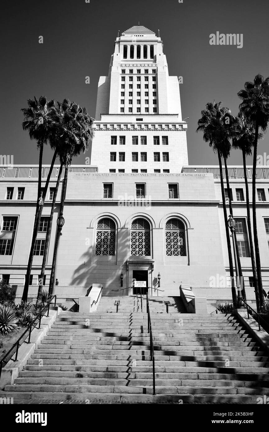 A Los Angeles City Hall building facade in black and white Stock Photo