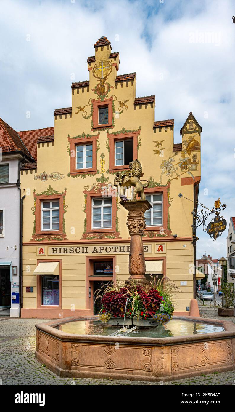 The lion fountain stands on the picturesque fish market in the heart of Offenburg in the background the historic building (1698) of the deer pharmacy. Stock Photo