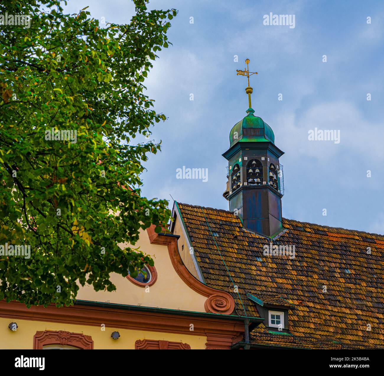 The glockenspiel (chimes) on the roof turret of the town hall extension in Offenburg. Baden Wuerttemberg, Germany, Europe Stock Photo