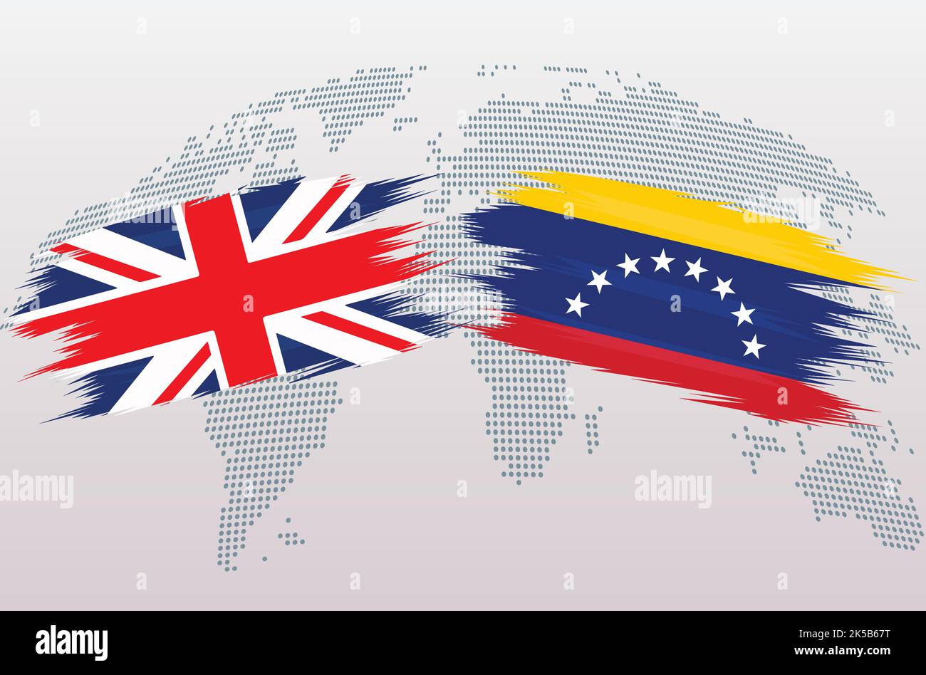 UK Great Britain and Venezuela flags. The United Kingdom vs Venezuela flags, isolated on grey world map background. Vector illustration. Stock Vector