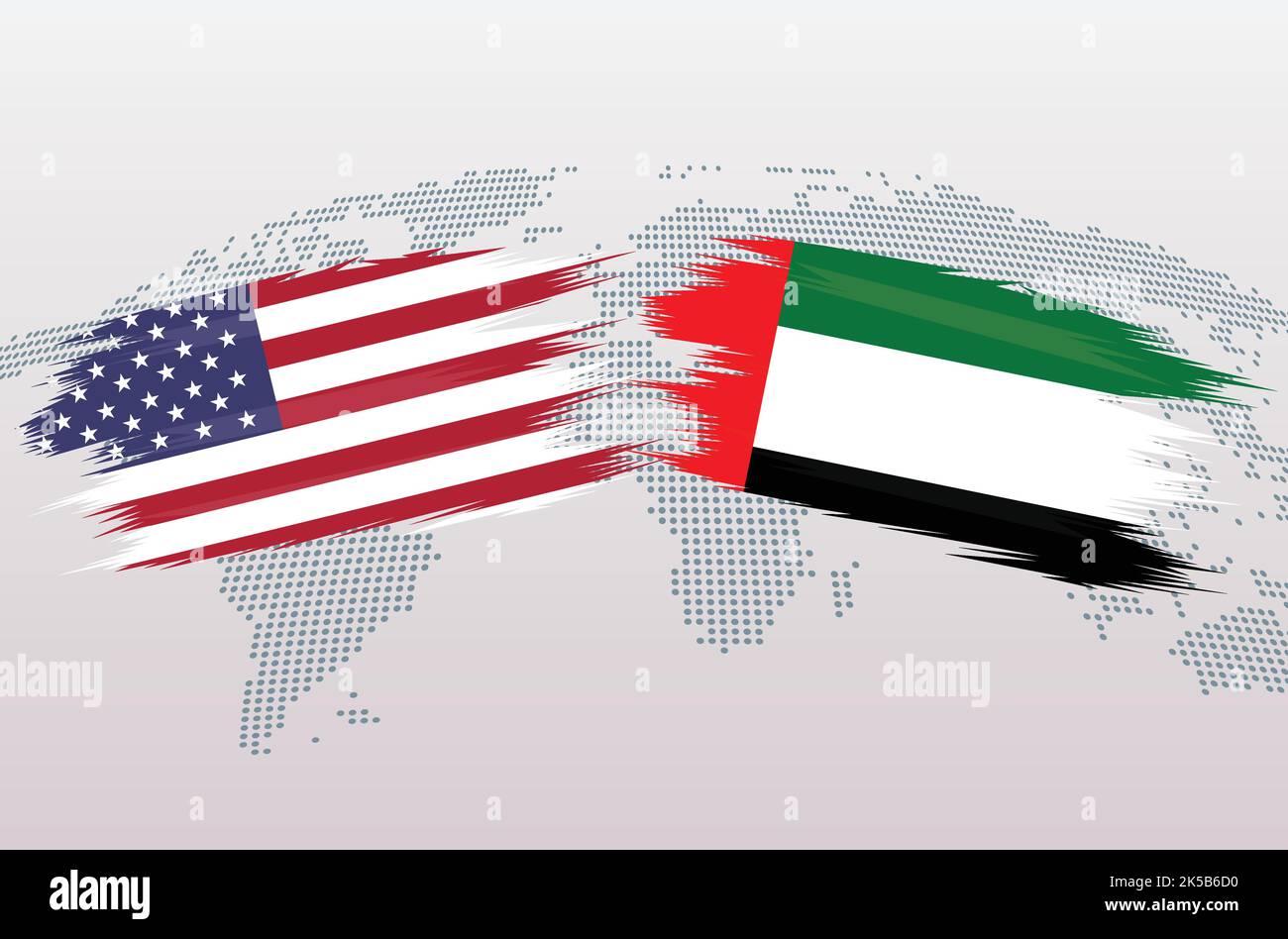 USA VS UAE flags. The United States of America VS United Arab Emirates flags, isolated on grey world map background. Vector illustration. Stock Vector