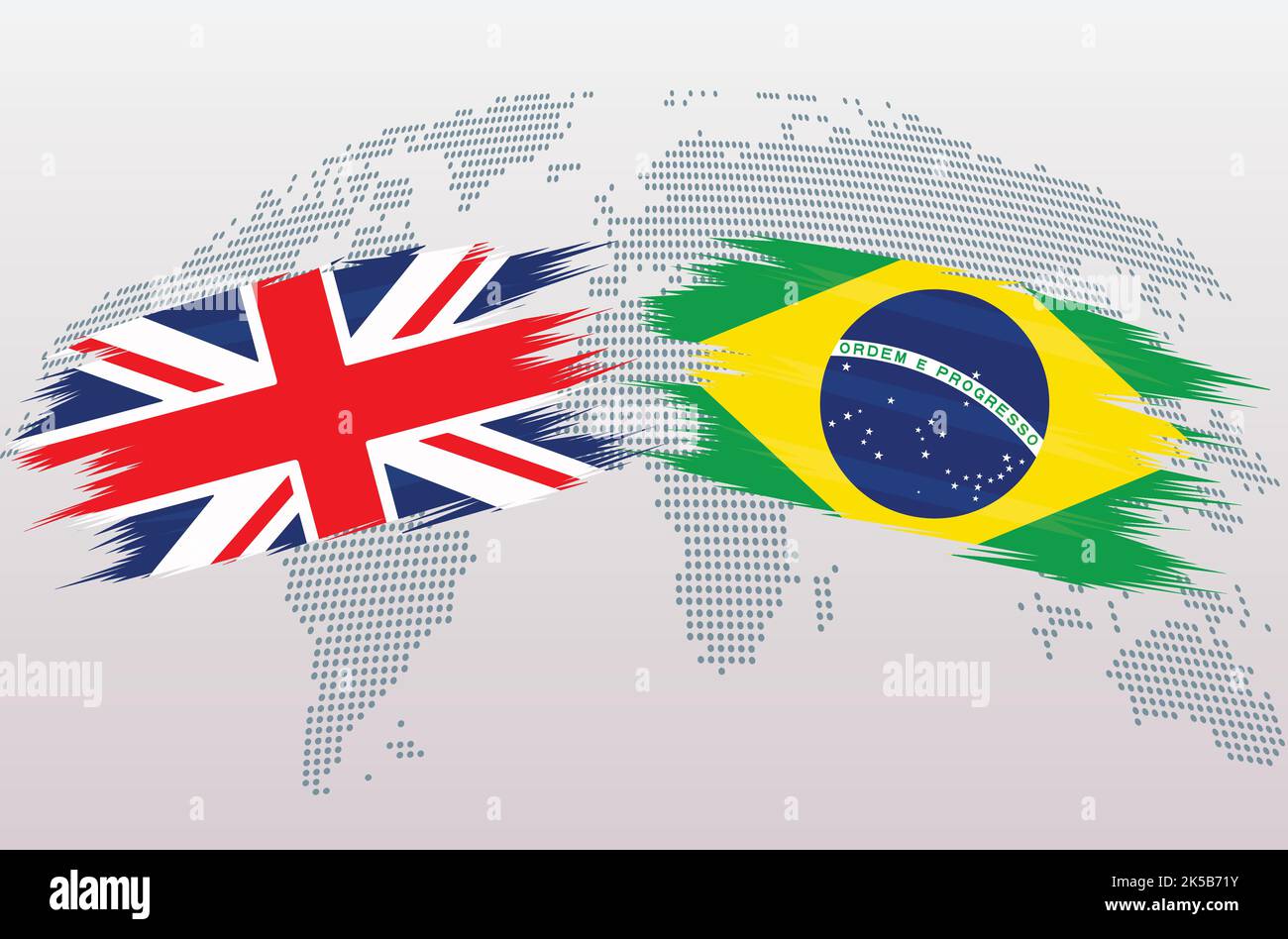 UK Great Britain and Brazil flags. The United Kingdom VS Brazil flags, isolated on grey world map background. Vector illustration. Stock Vector