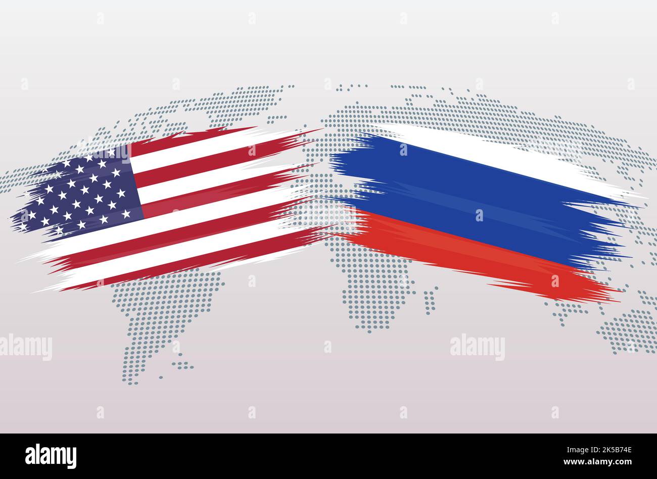 USA VS Russia flags. The United States of America VS Russian flags, isolated on grey world map background. Vector illustration. Stock Vector