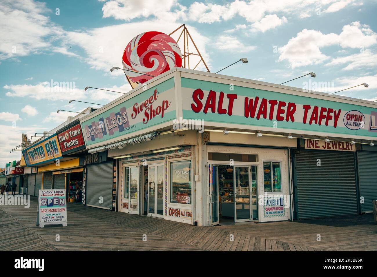 Lucky Leos Salt Water Taffy sign, Seaside Heights, New Jersey Stock Photo