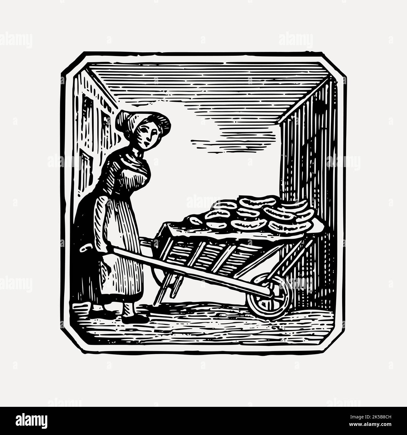 Woman pushing wheelbarrow clipart, vintage illustration vector Stock