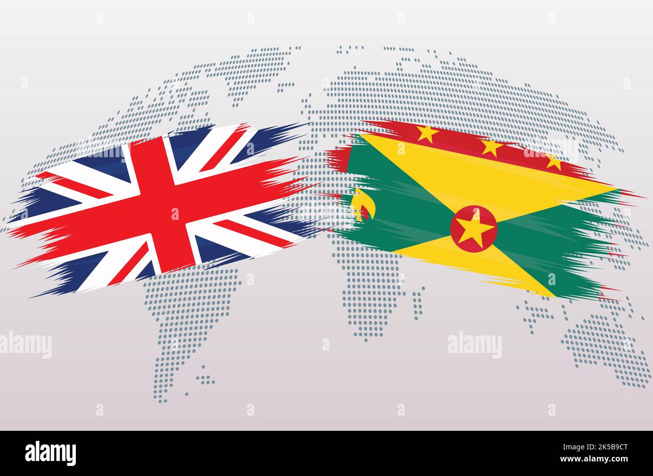 UK Great Britain and Grenada flags. The United Kingdom and Grenada flags, isolated on grey world map background. Vector illustration. Stock Vector
