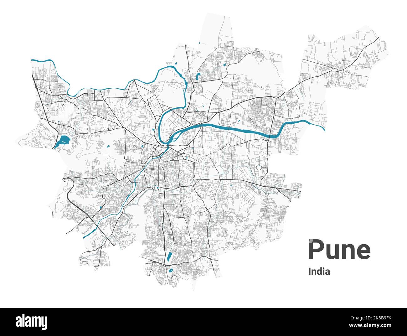 Pune map. Detailed map of Pune city administrative area. Cityscape panorama. Royalty free vector illustration. Road map with highways, rivers. Stock Vector