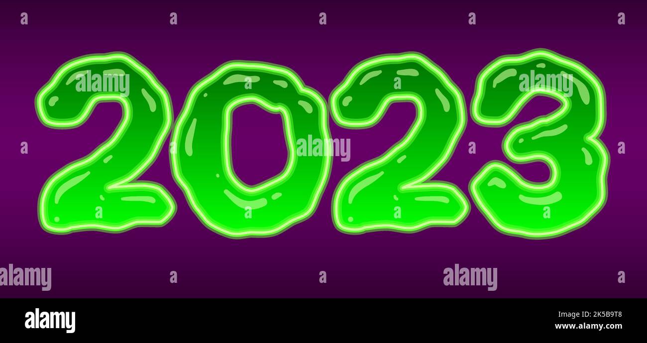 2023 year in green glowing toxic slime style. Vector banner isolated on black. Halloween calendar design element. Stock Vector