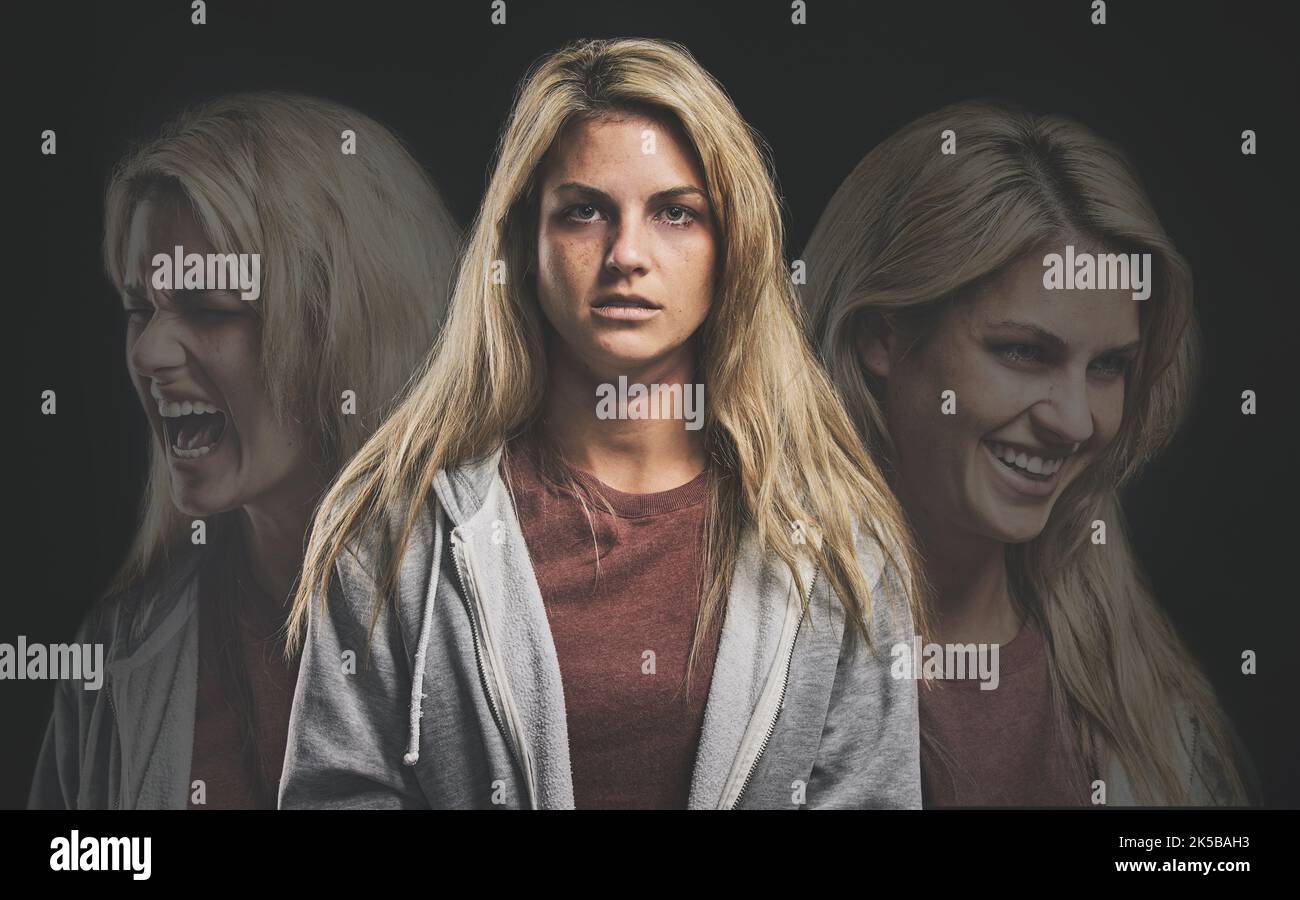 Horror, crazy or bipolar woman in double exposure on dark studio for ...