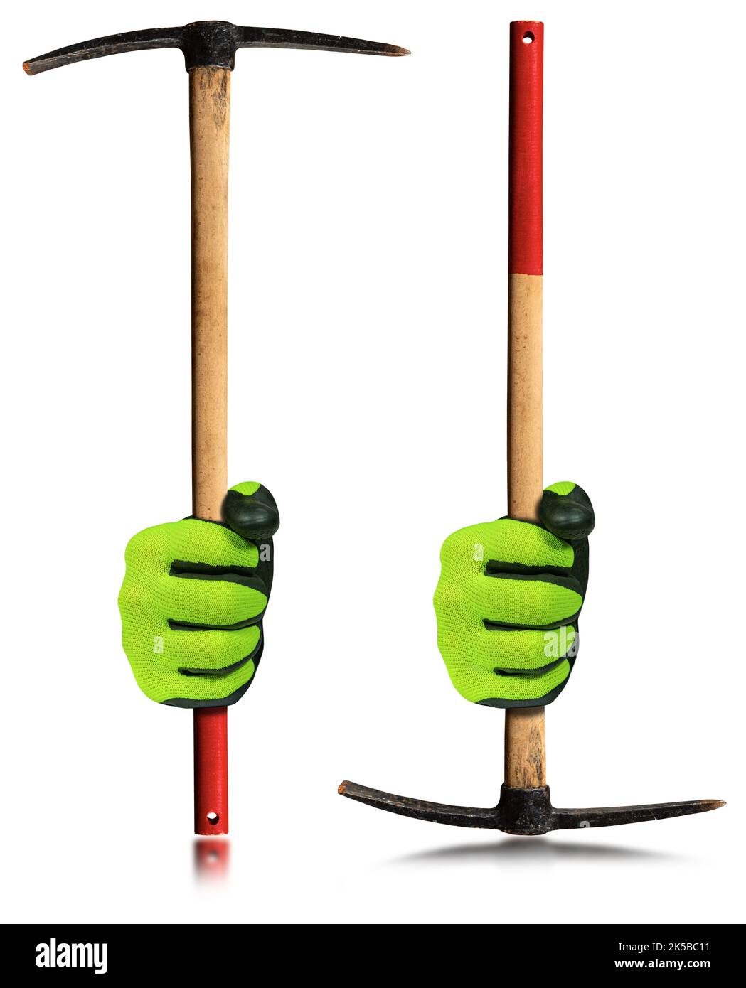 Closeup of a hand with protective work glove holding a Pickaxe or Pick