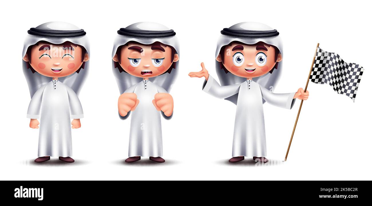 Saudi kids vector characters set design. Arab boy character in standing collection with sad, lonely and frowning facial expression in white background. Stock Vector