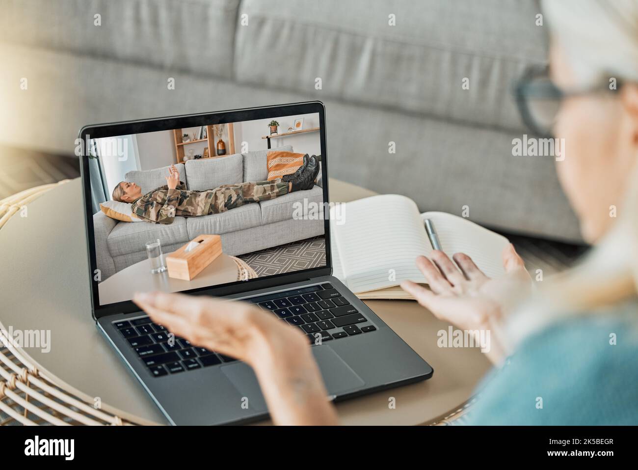 Online consultation, laptop and military woman for therapy with virtual