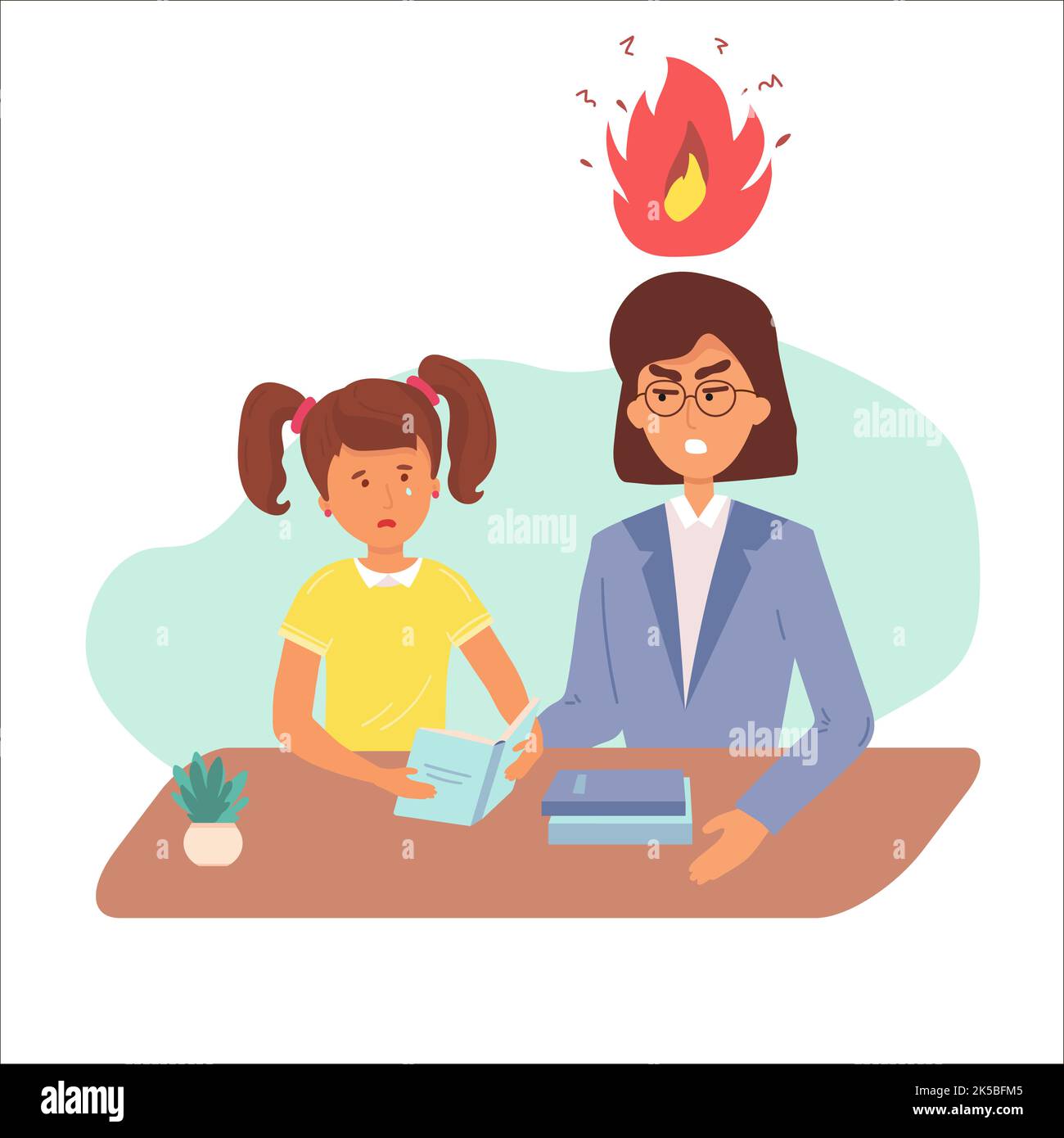 Education concept afro american female teacher feeling angry to naughty schoolboy while standing. vector flat screaming at a child. Stock Vector