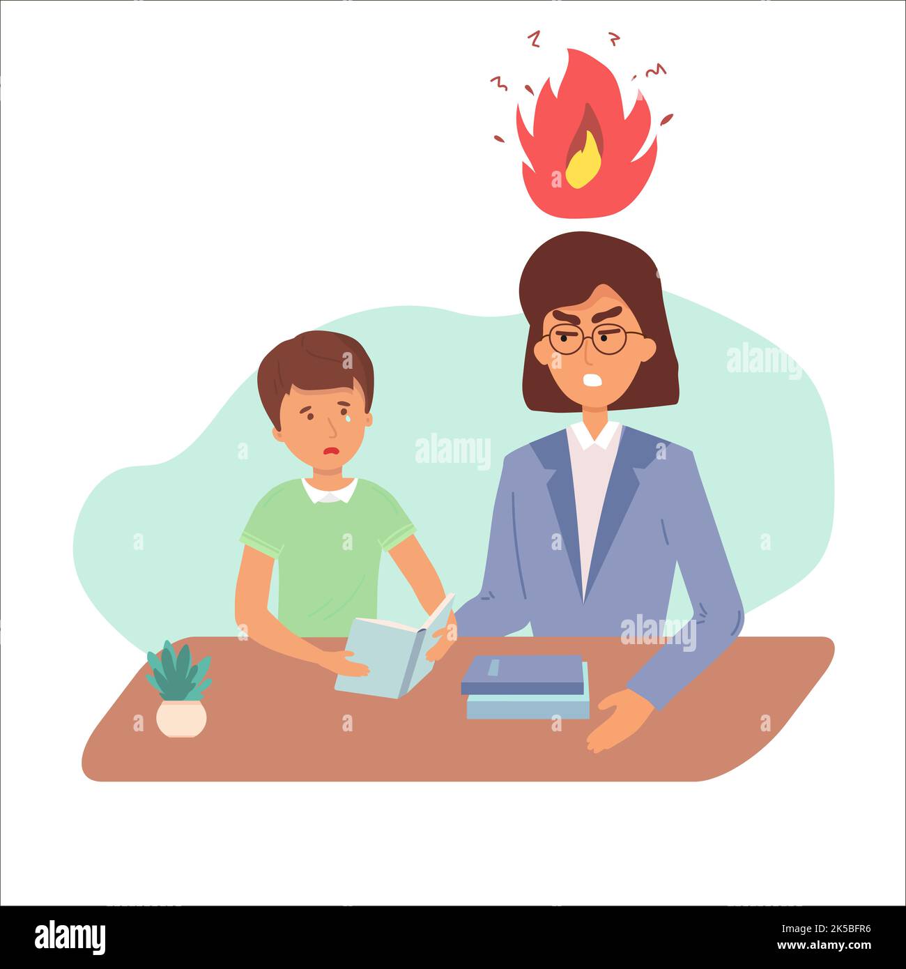 Education concept female teacher feeling angry to naughty schoolboy while standing. vector flat screaming at a child. Stock Vector