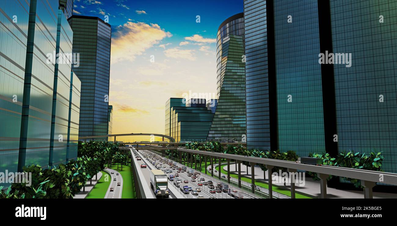 Highway in the city, skyscrapers - 3D illustration Stock Photo - Alamy