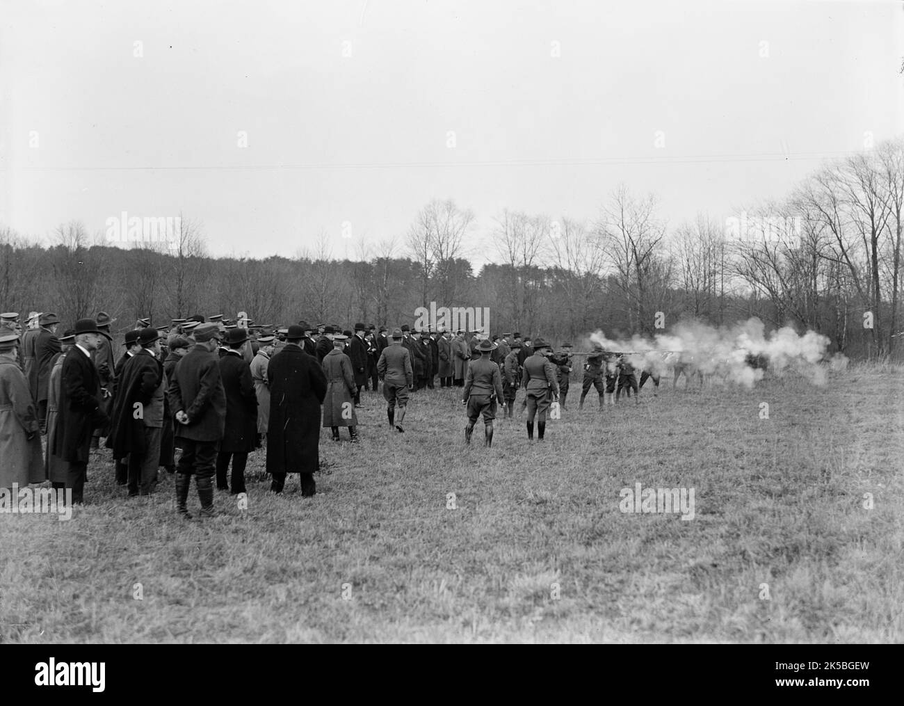 Army, U.S. Machine Gun Tests, 1918. Officers and civilians watching
