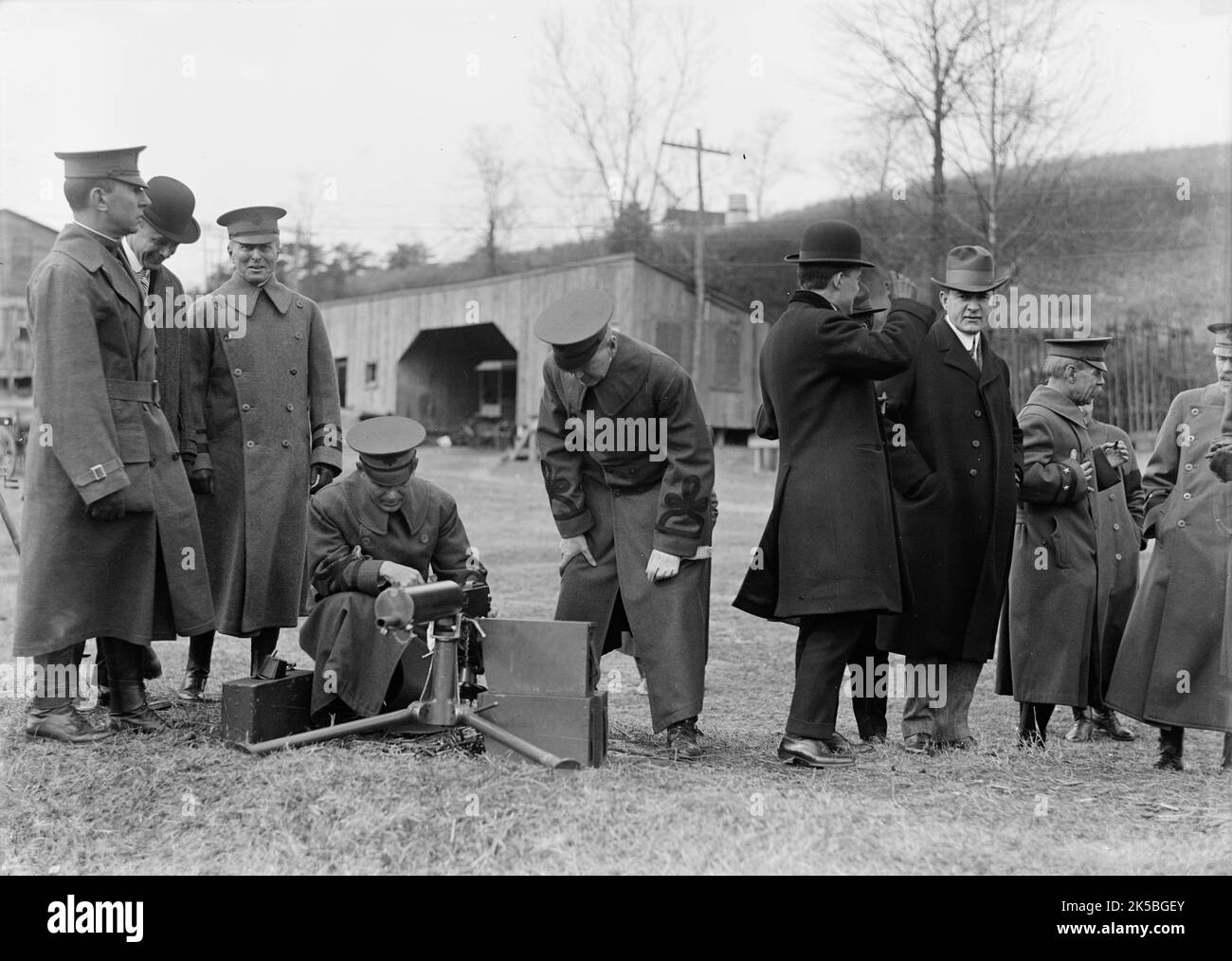 Army, U.S. Machine Gun Tests, 1918. Officers and civilians watching