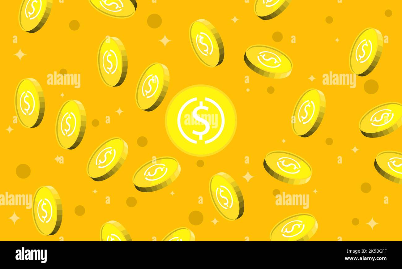 Falling money concept. USD coin yellow background Stock Vector
