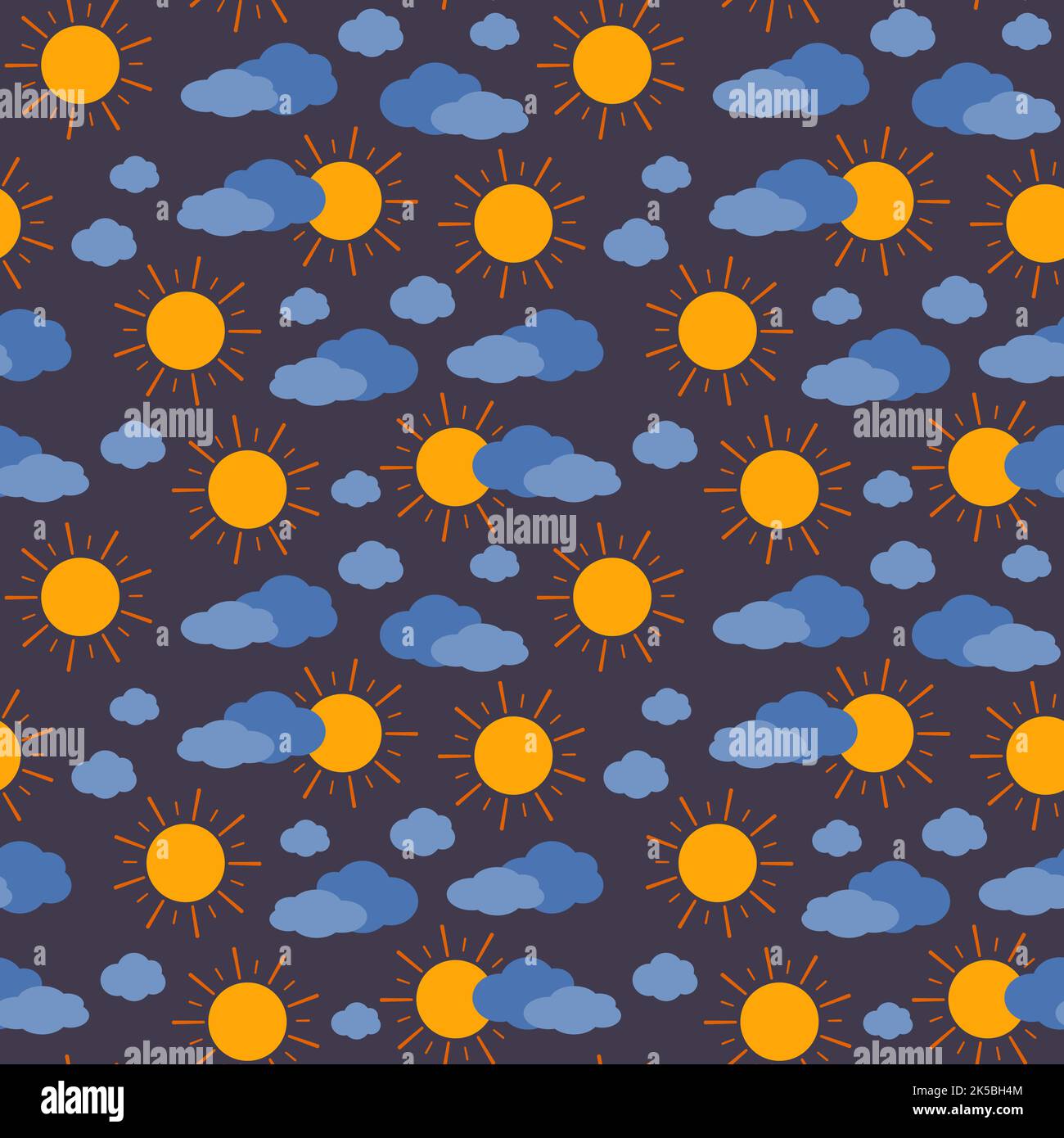 Cute simple seamless pattern with sun and cloud on violet background. Children print for textiles, wrapping paper and design. Vector flat illustration Stock Vector