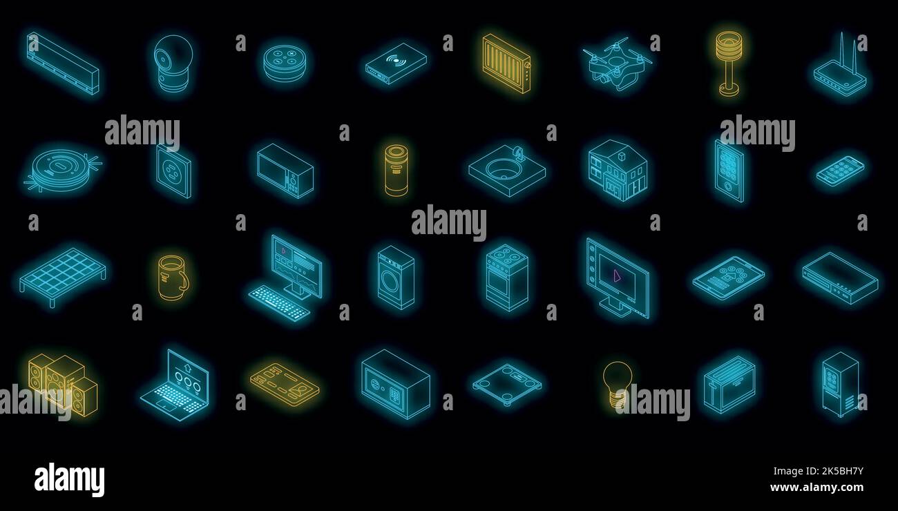 Smart home icons set. Isometric set of smart home vector icons neon on ...