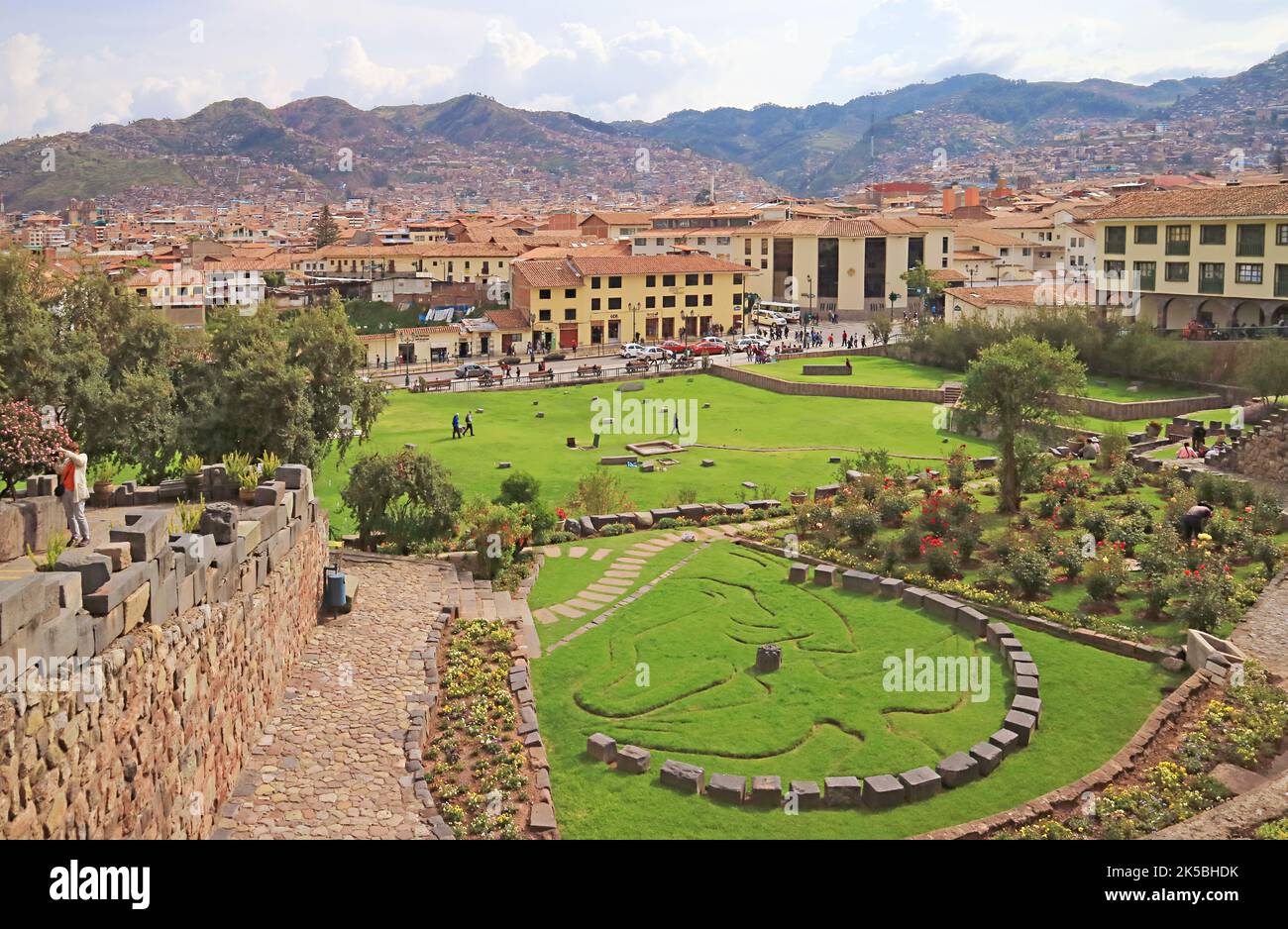 Garden in front of Coricancha Temple with the Symbol of Condor, Puma and Snake, the Sacred Creatures of Inca Trilogy, Cuzco, Peru, South America Stock Photo