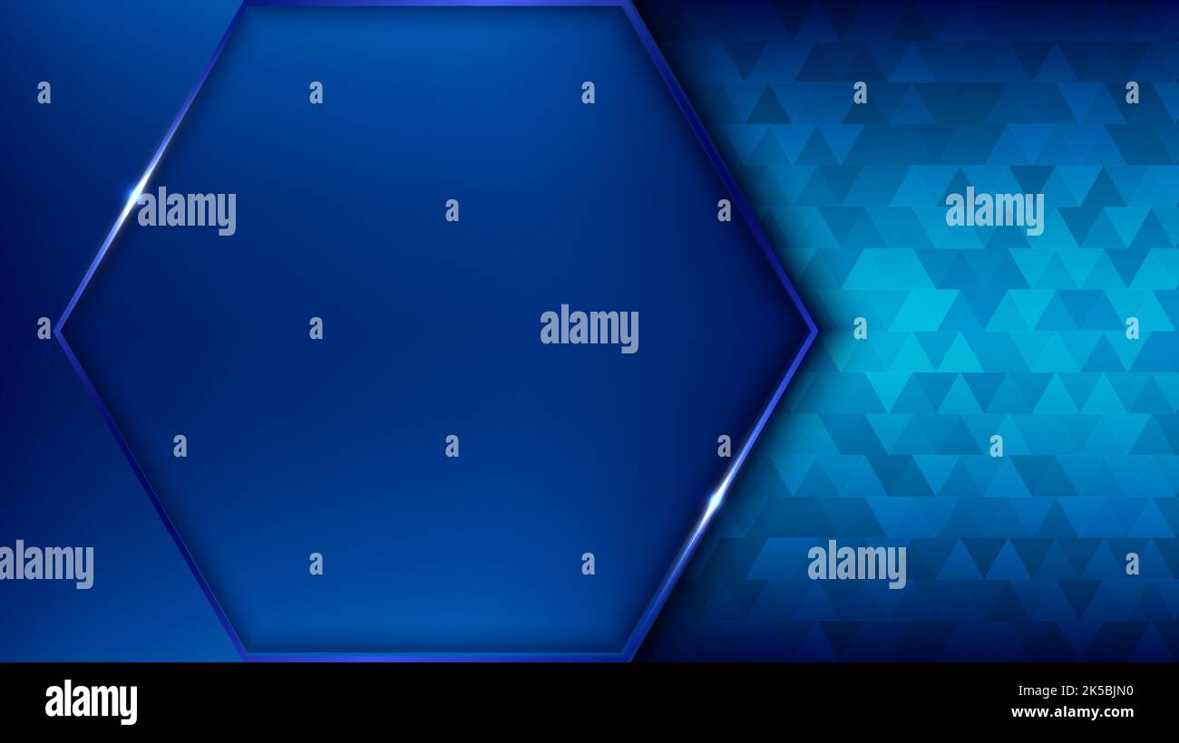 Banner web template technology style blue hexagon frame with lighting effect on dark blue triangles pattern background. Vector illustration Stock Vector