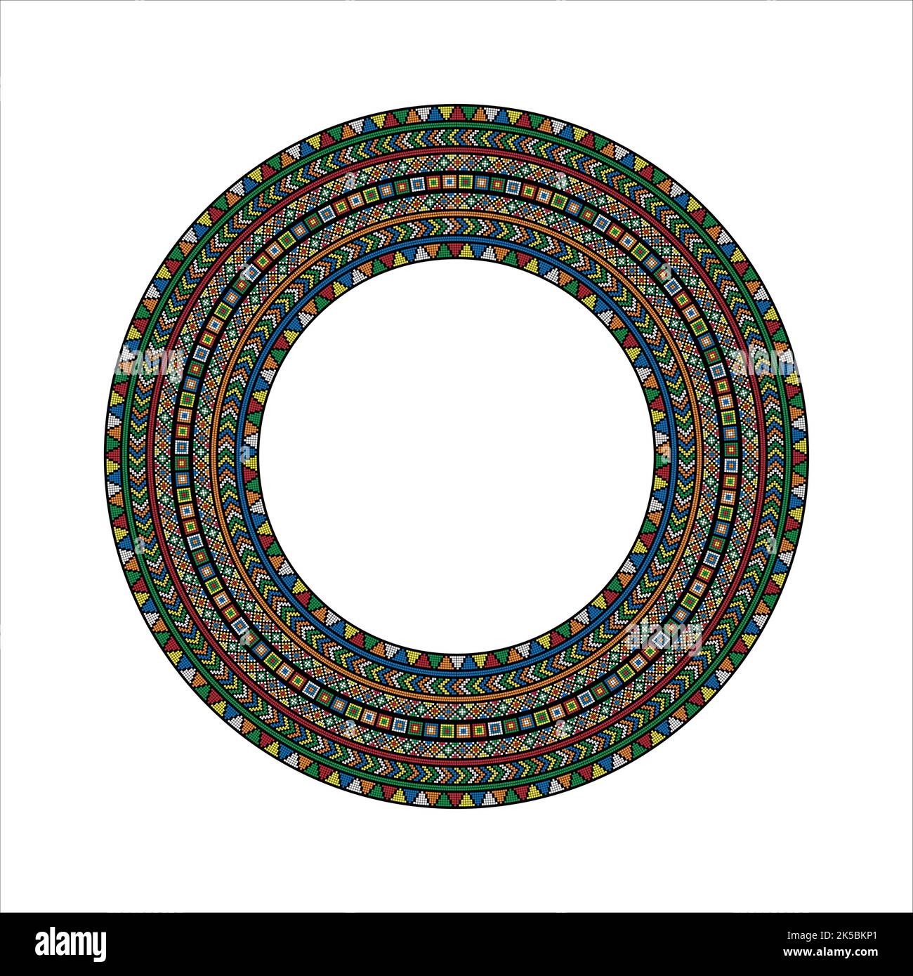 Round frame with geometric African pattern on white background. Stock Vector