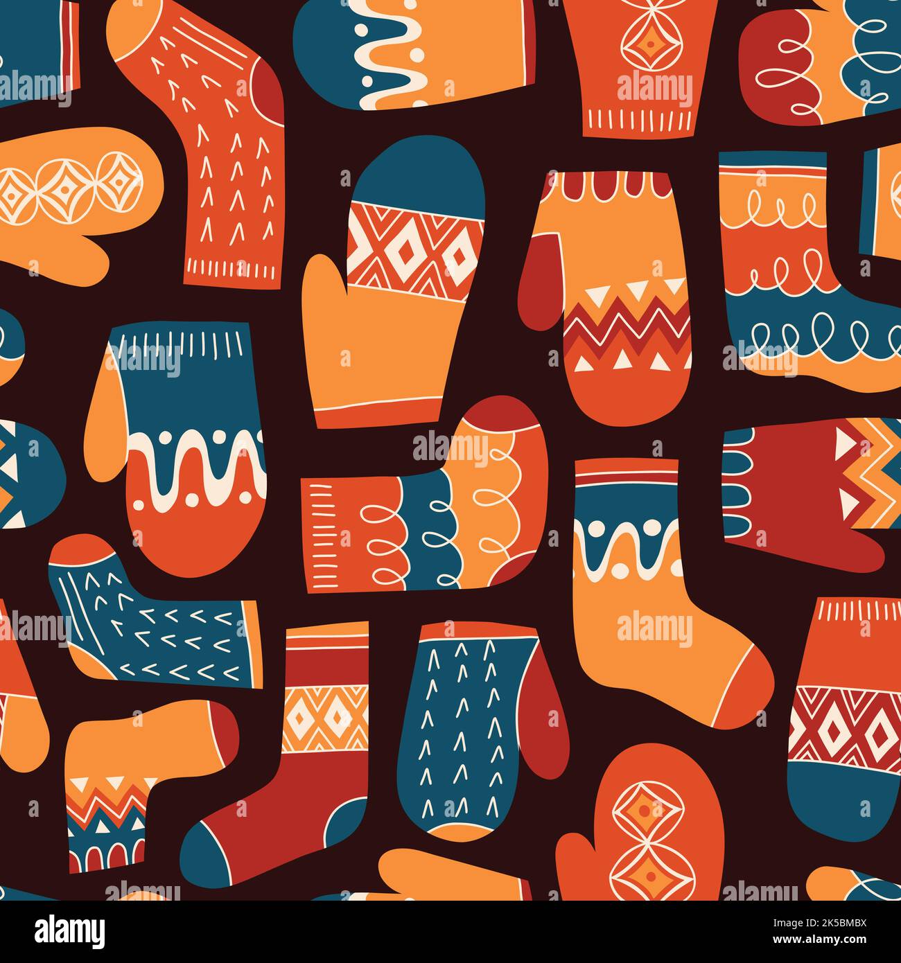 Colorful Retro Knitted Mittens and Socks Vector Seamless Pattern Stock Vector