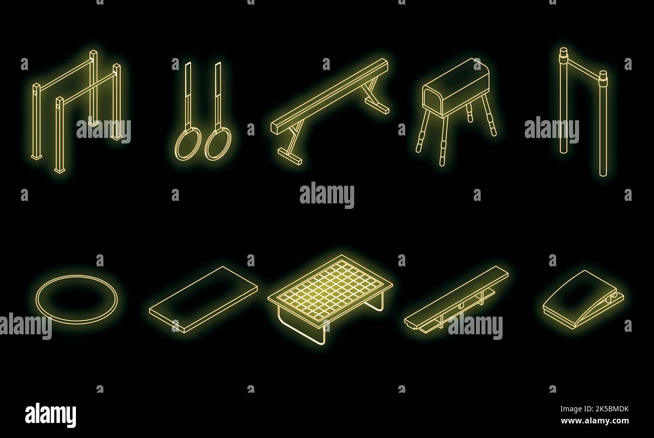 Gymnastics equipment icons set. Isometric set of gymnastics equipment vector icons neon on black Stock Vector