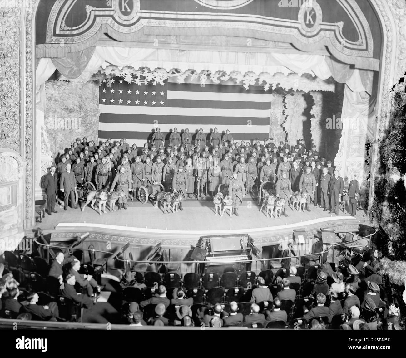 Belgians At Keith Theater, Washington DC, 1919. Soldiers in uniform on stage with dog-carts. Cart on left appears to be carrying a mounted machine gun. Stock Photo