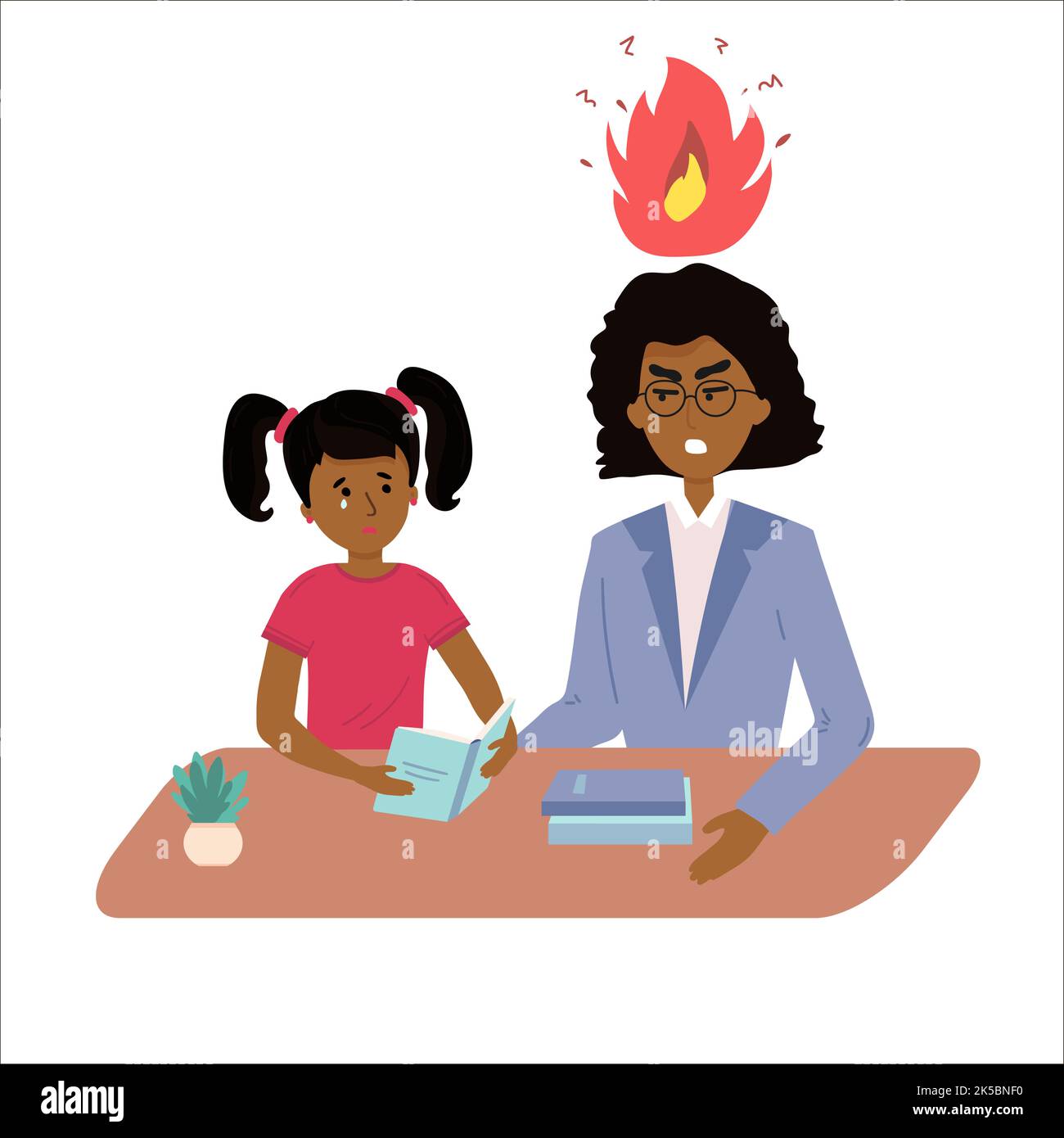 Education concept afro american female teacher feeling angry to naughty schoolboy while standing. vector flat screaming at a child. Stock Vector
