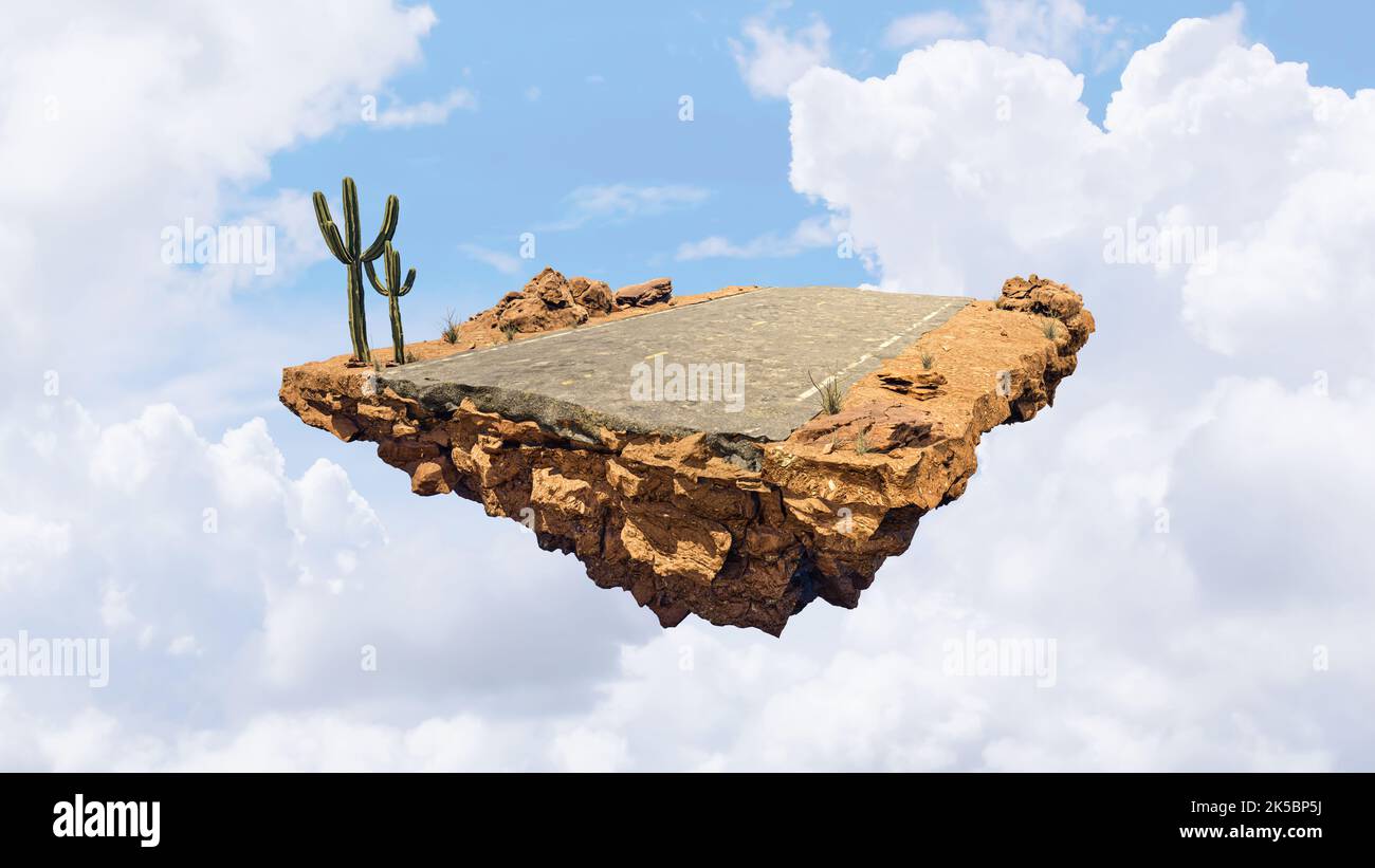 Fantasy island floating in the air with cloudy sky. Desert scene with asphalt road and cactus. Stock Photo