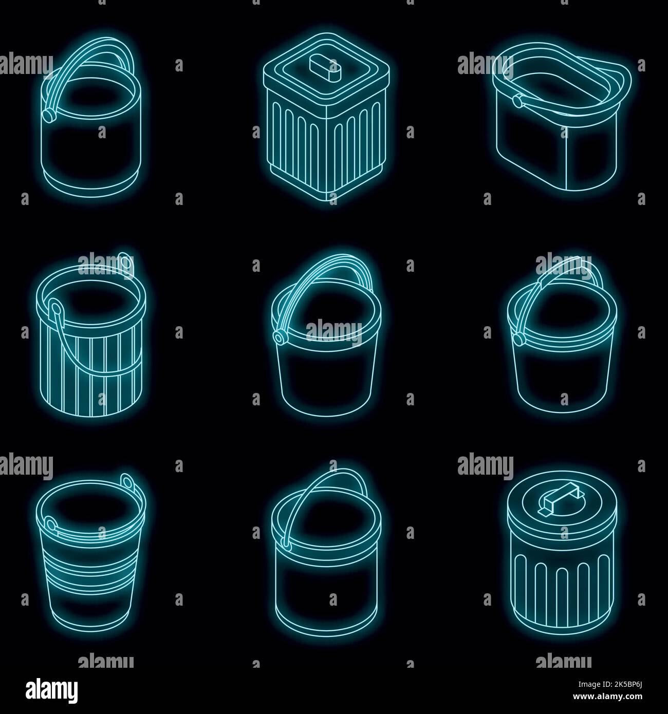 Bucket icon set. Isometric set of bucket vector icons neon on black Stock Vector