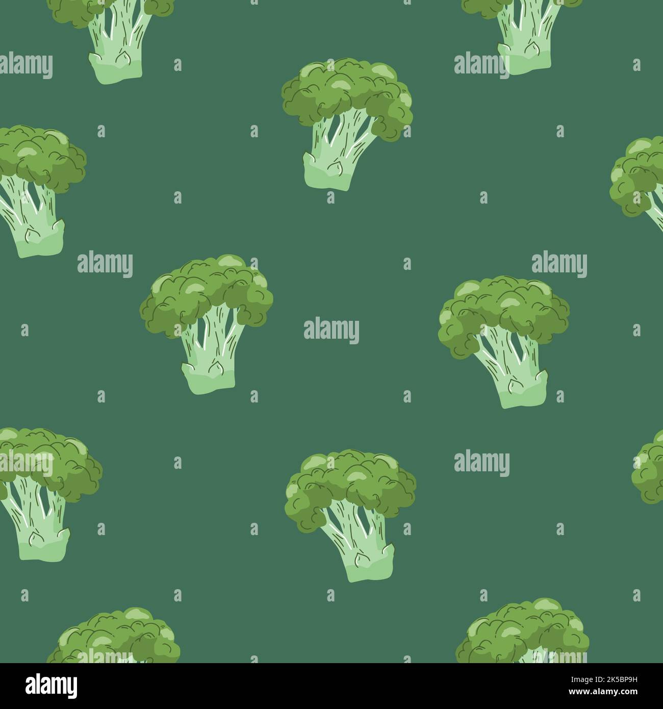 Broccoli seamless vector pattern. Hand-drawn vegetable outlines and color spots for fabric design, menu, kitchen and restaurant interior, Stock Vector