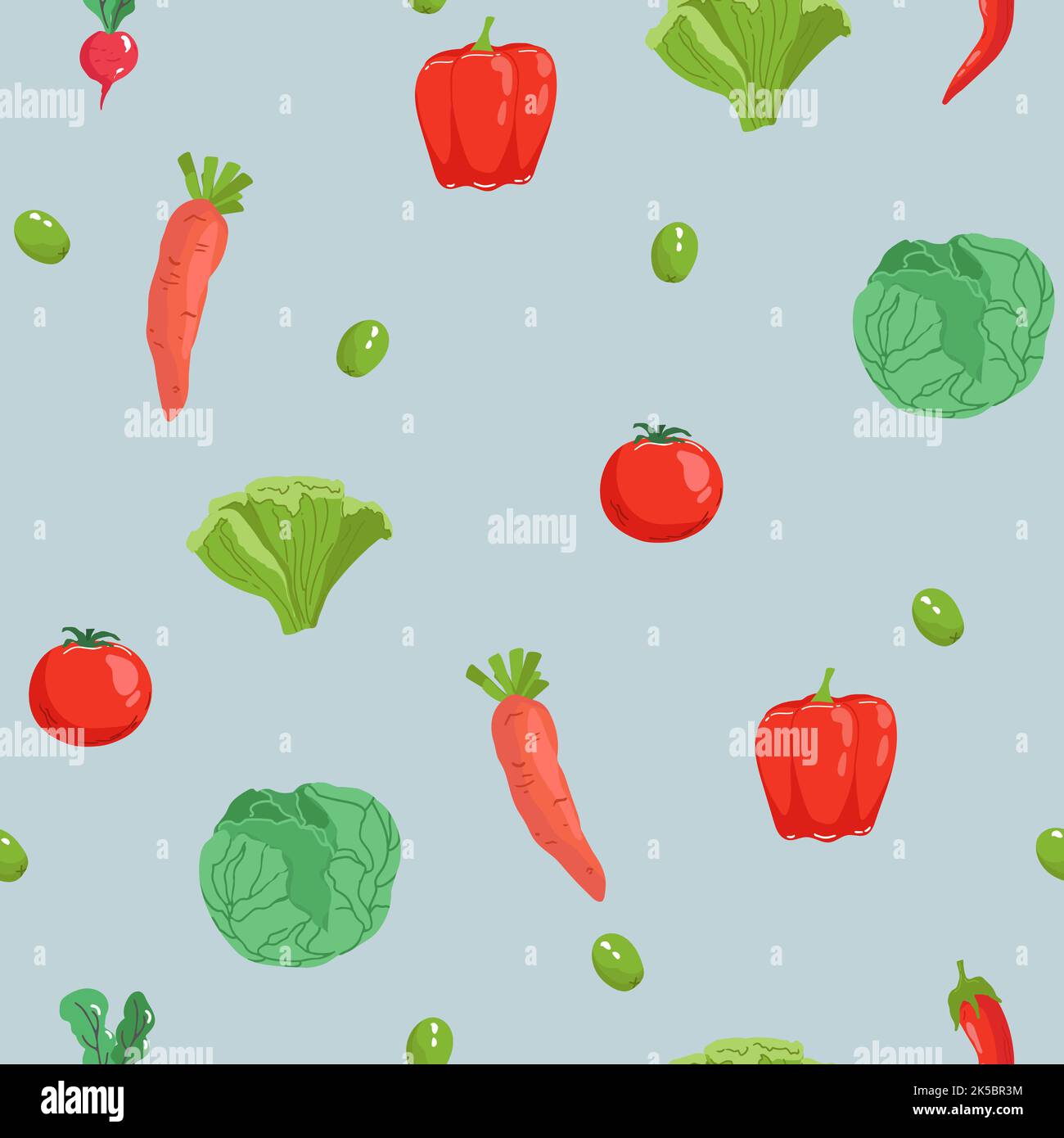 Seamless pattern with hand drawn colorful doodle vegetables. Sketch style vector set. Vegetables flat icons set: cucumber, carrot, onion, tomato. Stock Vector
