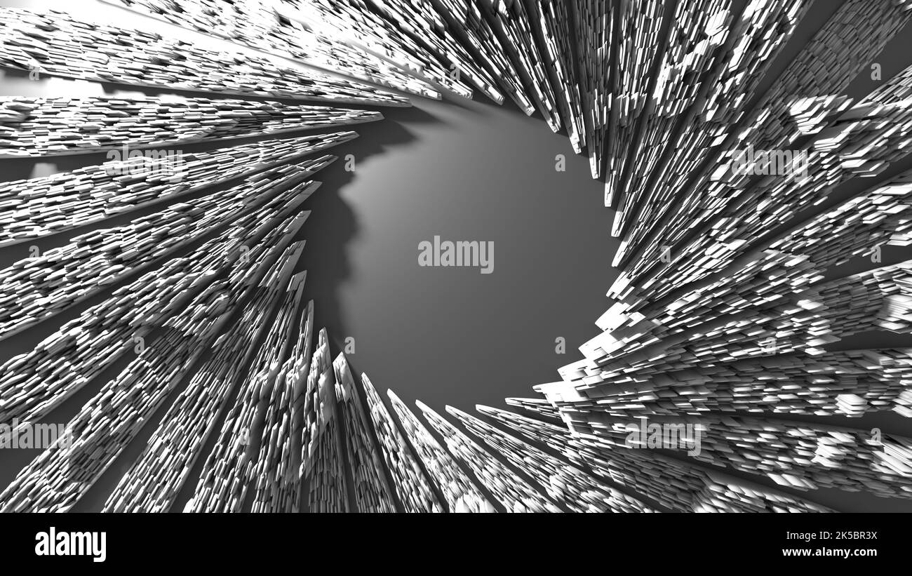 3D rendering of circularly arranged blades with jagged surface forming a shutter in grayscale. A work of geometric abstract art Stock Photo