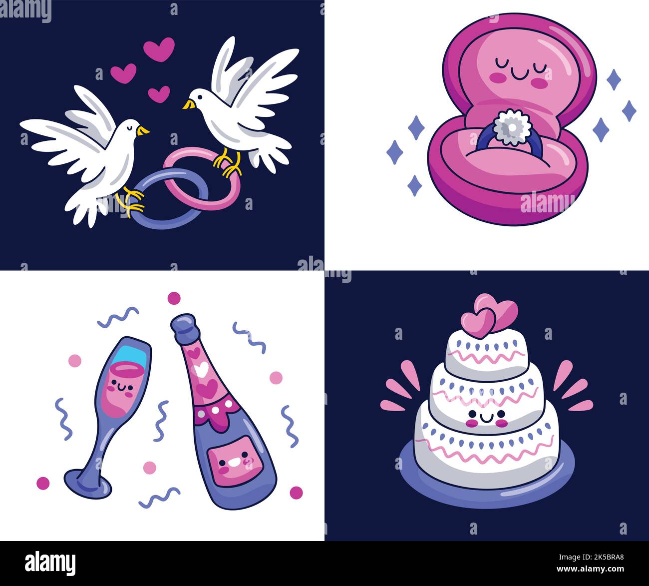 Flat icons set of different wedding elements from wedding car to doves ...