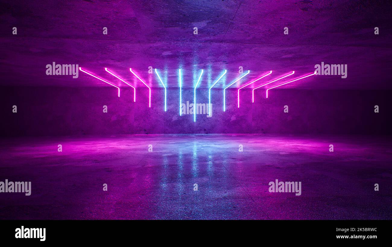 Abstract dark background of empty scene with ultraviolet light. Neon light figures in the center of the stage. 3d rendering Stock Photo